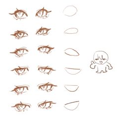 the steps to draw an anime character's eyes with different shapes and sizes, including one