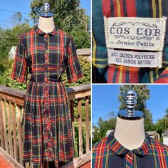 This listing is for a darling vintage mid century plaid poly/rayon blend shirt dress by Cos Cob (Junior Petite). Such a sweet little vintage dress featuring an adorable shirt style upper with a Peter Pan collar, plastic buttons down the front & a hook and eye clasp at the waist. This dress features a full skirt that can be accentuated by using a crinoline slip if desired. A perfect vintage fall dress! This vintage dress is in good vintage condition, showing some light signs of general wear. Ther Fitted Vintage Plaid Dress, Vintage Plaid Short Sleeve Dress, Fitted Plaid Vintage Dress, Retro Plaid Mini Dress, Retro Short Sleeve Plaid Dress, Vintage Plaid Dress With Buttons, Vintage Cotton Plaid Dress, Plaid Cotton Vintage Dress, Dress With Peter Pan Collar