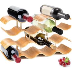 a wooden wine rack holding several bottles of wine