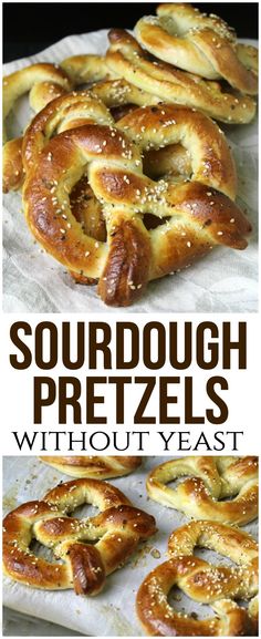 some pretzels sitting on top of a white plate with the words sourdough pretzels without yeast