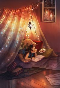 a girl reading a book in her bed with lights hanging from the ceiling above it