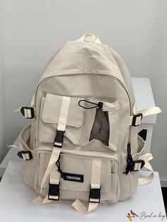 BirdinBag - Functional Backpack with Letter Patch and Release Buckle Decor Student Backpack With Multiple Pockets, Functional Beige Back To School Bag, Functional Beige Back-to-school Bag, Beige Shoulder Backpack With Pockets, Beige Shoulder Bag Backpack With Pockets, Functional Beige Bag For Students, Rectangular Backpack With Multiple Pockets For Daily Use, Student Bags With Multiple Pockets For Back To School, Beige Backpack With Multiple Pockets