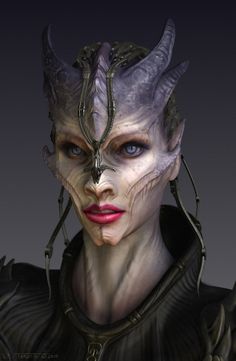 an alien woman with blue eyes and horns