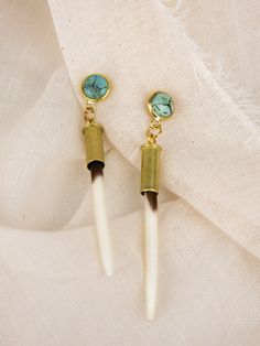 Quill + Turquoise Stud Earrings - Heyday Yellowstone Season 5, Quill Earrings, Kelly Reilly, Beth Dutton, Porcupine Quills, Bullet Casing, Ski Girl, Turquoise Stud Earrings, Bronze Jewelry