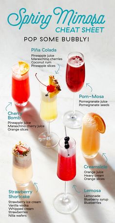 a poster with different types of cocktails in it's glasses and names