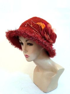 Crochet hat cloche hats for women orange hat womens hat bucket dressy hat womens fedoras trendy wide brim hats burnt orange hat Unusual Hats, Interesting Crochet, Dressy Hats, Orange Hat, Cloche Hats, Womens Fedora, Yarn Hats, Orange Hats, Womens Hat