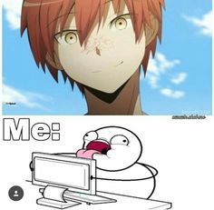 an anime character with red hair looking at the screen and texting that says mee