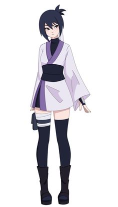 an anime character with black hair wearing a purple and white kimono, standing in front of