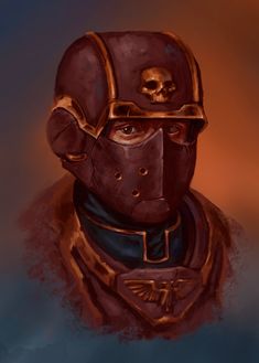 a painting of a man wearing a helmet with a skull on the top of it