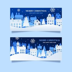 two christmas banners with houses and trees