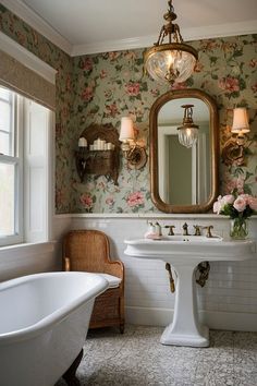 a bath room with a sink and a bath tub next to a window in front of a mirror