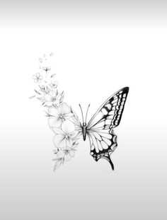 a black and white photo of a butterfly with flowers in the foreground, on a light gray background