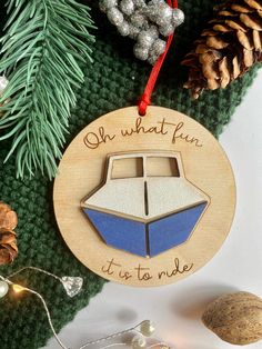 a wooden ornament that says oh what fun it's to ride