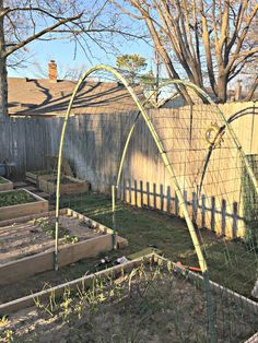 an outdoor garden area with several raised beds and trelliss in the foreground