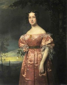 a painting of a woman in a pink dress with flowers on her shoulder and an orange sash around her waist