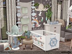 a baby's room is decorated in pastel colors and features an octopus crib