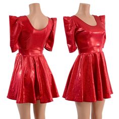 "This red sparkly dress features a double scoop neckline, and half length sharp shoulder sleeves. It has a darted bodice for a fit and flare shape, and a full circle cut hemline for optimal whirling and twirling. This item is made to order. Ships out within 5 days of purchase. Womens Sizing (See below for instructions on where measurements should be taken) XXS: Bust 29\"-30\" / Waist 22\"-23\" / Hips 30\"-32\" Extra Small: Bust 31\"-32\" / Waist 24\"-25\" / Hips 33\"-35\" Small: Bust 33\"-34\" / Fitted Half Sleeve Mini Dress For Evening, Fitted Mini Dress With Half Sleeve For Evening, Fitted Mini Dress With Half Sleeves For Party, Red Half Sleeve Party Dress, Fitted Half Sleeve Mini Dress For Night Out, Fitted Mini Dress With Half Sleeves For Night Out, Red Sparkly Dress, Drop Crotch Pants, Sparkly Dress