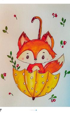 a drawing of a fox holding an umbrella