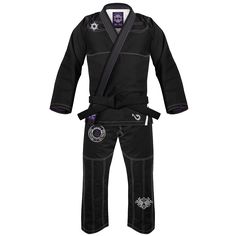 a black karate suit with purple lettering on the chest and side pockets, in front of a