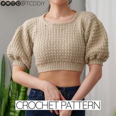 a woman wearing a crop top and jeans with the words crochet pattern on it