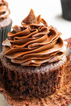 a chocolate cupcake with frosting on top