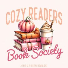 the cozy readers book society logo is shown with books and a cup of coffee on top