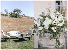 two pictures one with couches, the other with flowers and greenery on it