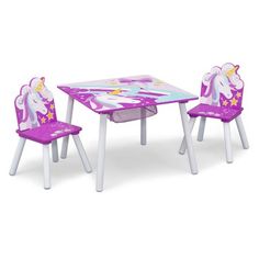 the children's table and chairs are set up in pink with unicorns on them