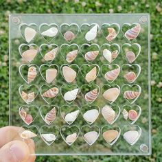 a hand holding up a glass block with shells in the shape of hearts