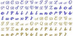 the upper and lowercase letters are made up of different types of gold paint on white paper