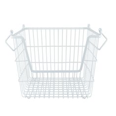 a white wire basket with two handles on the front and bottom, against a white background