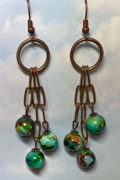 Components  Antiqued Copper Chain and Ear Wires  8mm Hand Dyed Glass Beads  LIGHTWEIGHT AND EYE CATCHING! Artsy Jewelry With Dangling Round Beads, Balloon Earrings, Red Hat Society, Copper Chain, Hand Made Jewelry, Chain Earrings, Antique Copper, Making Jewelry, Ear Wires