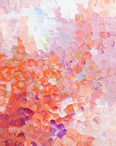 an orange and pink painting with lots of small squares on the bottom half of it