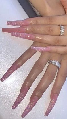 Long Pink Glitter Acrylic Nails, Long Acrylic Nails Pink Glitter, Nails Long Pink Glitter, Boujee Pink Nails, Sparkly Pink Acrylic Nails, Pink Sparkly Acrylic Nails, Ballerina Nails Long, Sparkly Pink Nails, Pink Sparkly Nails