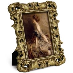 an ornate gold frame with a painting of a woman in a dress on the front