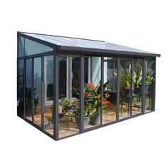 an image of a glass house with potted plants