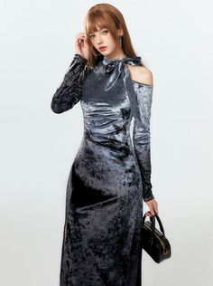 ❤Velvet Dark Mode Slim Dress❤︎ Blue Grey Velvet Dress, Grey Velvet Dress, Dark Mode, Bohol, Slim Dress, Grey Velvet, Slim Dresses, Waist Dress, Butterfly Print