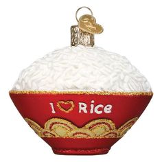 i love rice ornament in red bowl with gold trimmings on white background