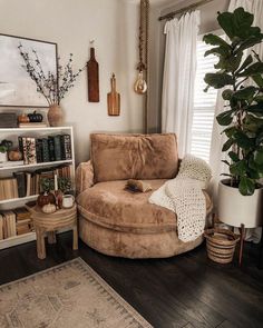 a living room filled with furniture and bookshelves next to a window covered in plants