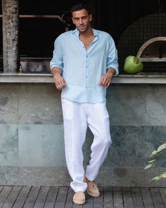 A classic linen shirt for men features buttons in front and is made from lightweight linen to stay cool during summer. Wear sleeves down or roll them up for a more casual daytime look. Please note that due to the many variations in monitors and browsers, actual colors may vary. - - - - - - - - - - - - - - - - - - - - - - - - - - - - -  DETAILS * The model is wearing on a lifestyle pictrue a Sky blue shirt in size L and is 5'11" (181 cm) tall. Model measurements: Bust: 40"/102cm | Waist: 33.5"/85 Blue Shirt Outfit Men, Sky Blue Shirt, Linen Shirt Outfit, Blue Linen Shirt, Mens Long Sleeve Shirt, Shirt Outfit Men, Wrinkled Clothes, Beige Shirt