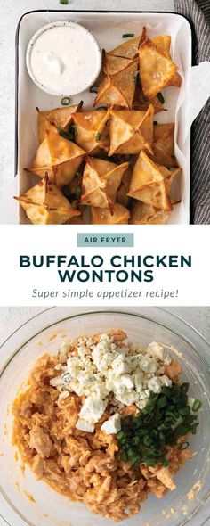 the buffalo chicken wontons recipe is shown with ranch dressing