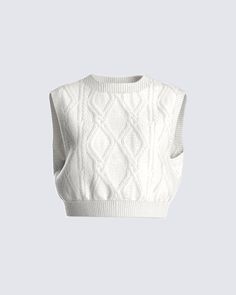 Juno Ivory Cable Knit Sweater Vest Luxury White Knitted Tops, Luxury White Textured Knit Top, Luxury White Knitted Sweater, Luxury Ribbed Cropped Sweater, Luxury Cream Cable Knit Top, Luxury Crew Neck Knit Top, Luxury White Knit Top For Women, Luxury White Fitted Cropped Sweater, Roblox Sweater Vest Template