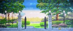 a painting of an entrance to a lush green park