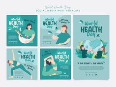 social media post templates for world health day with woman doing yoga and drinking water