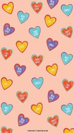 colorful candy hearts on a pink background with the words sweet love written in different languages