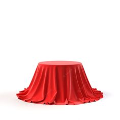 a round red table with a ruffled cloth on it's top, viewed from the front