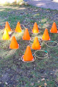 a group of orange cones sitting on top of a lush green field