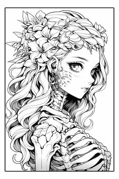 a girl with flowers in her hair and skeleton face