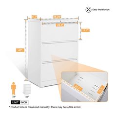 an image of a white filing cabinet with measurements