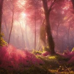 the sun shines brightly through the trees and flowers in this pink forest scene with lush green grass